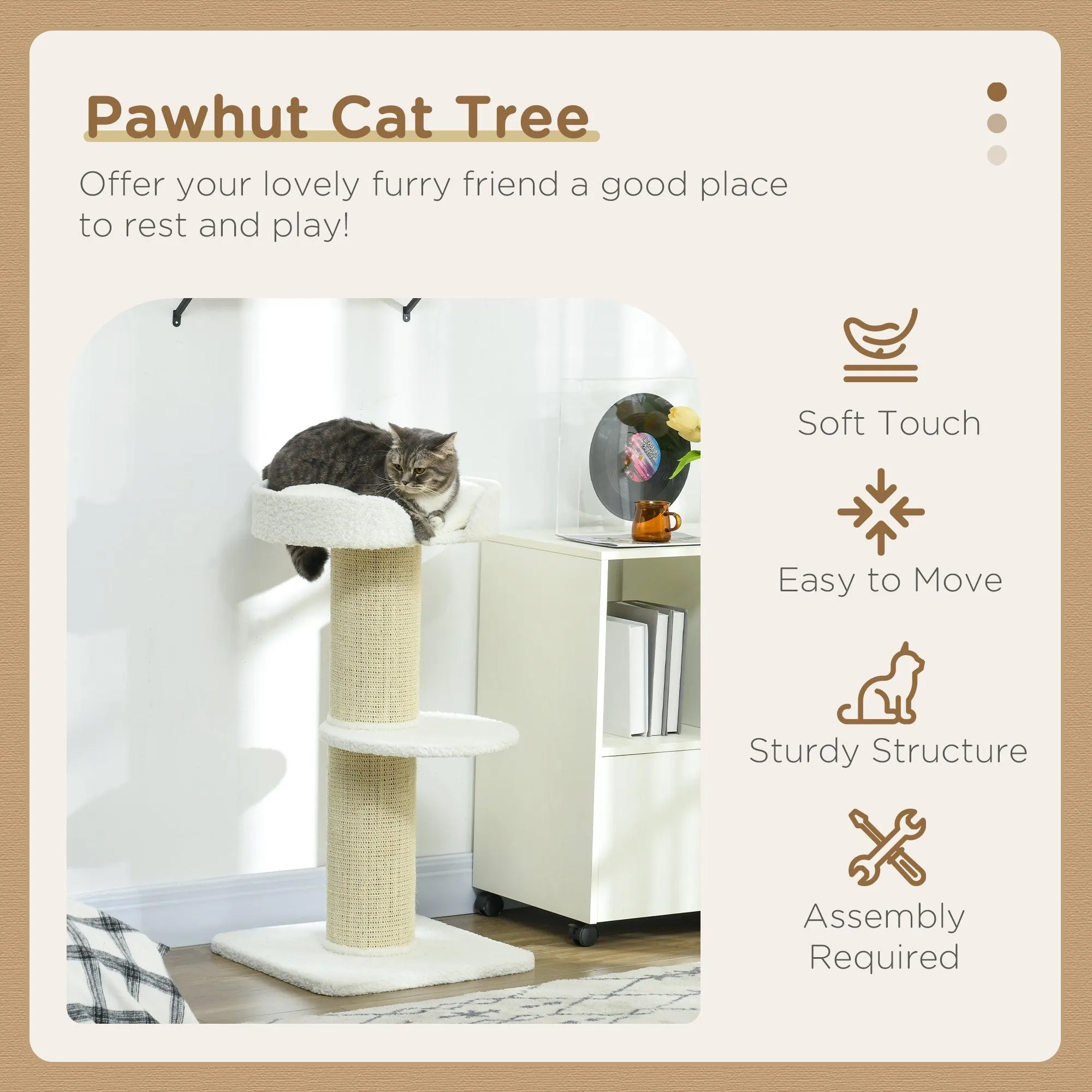 2-Tier Cat Tree with Sherpa Cushion, 91cm - Cream White