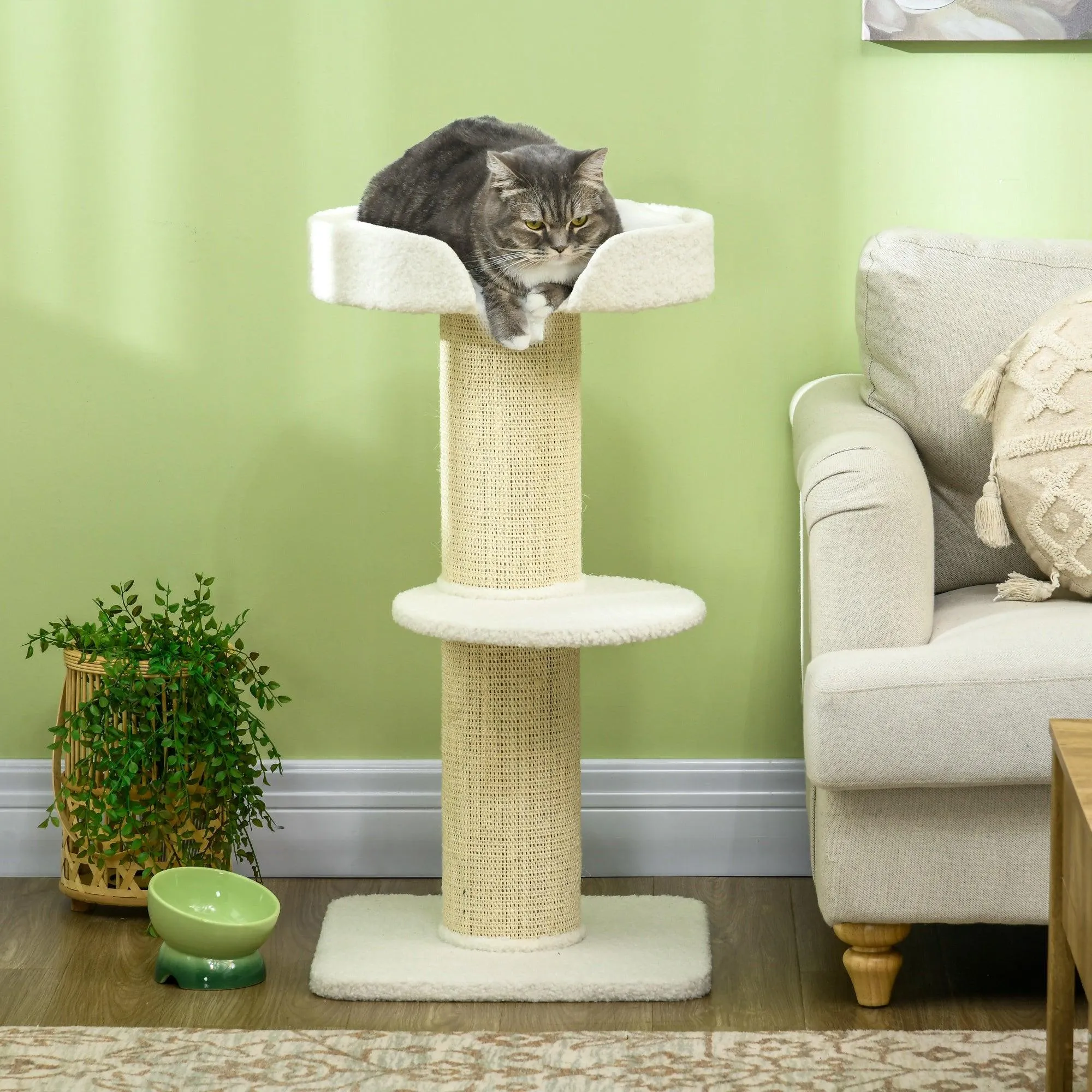 2-Tier Cat Tree with Sherpa Cushion, 91cm - Cream White