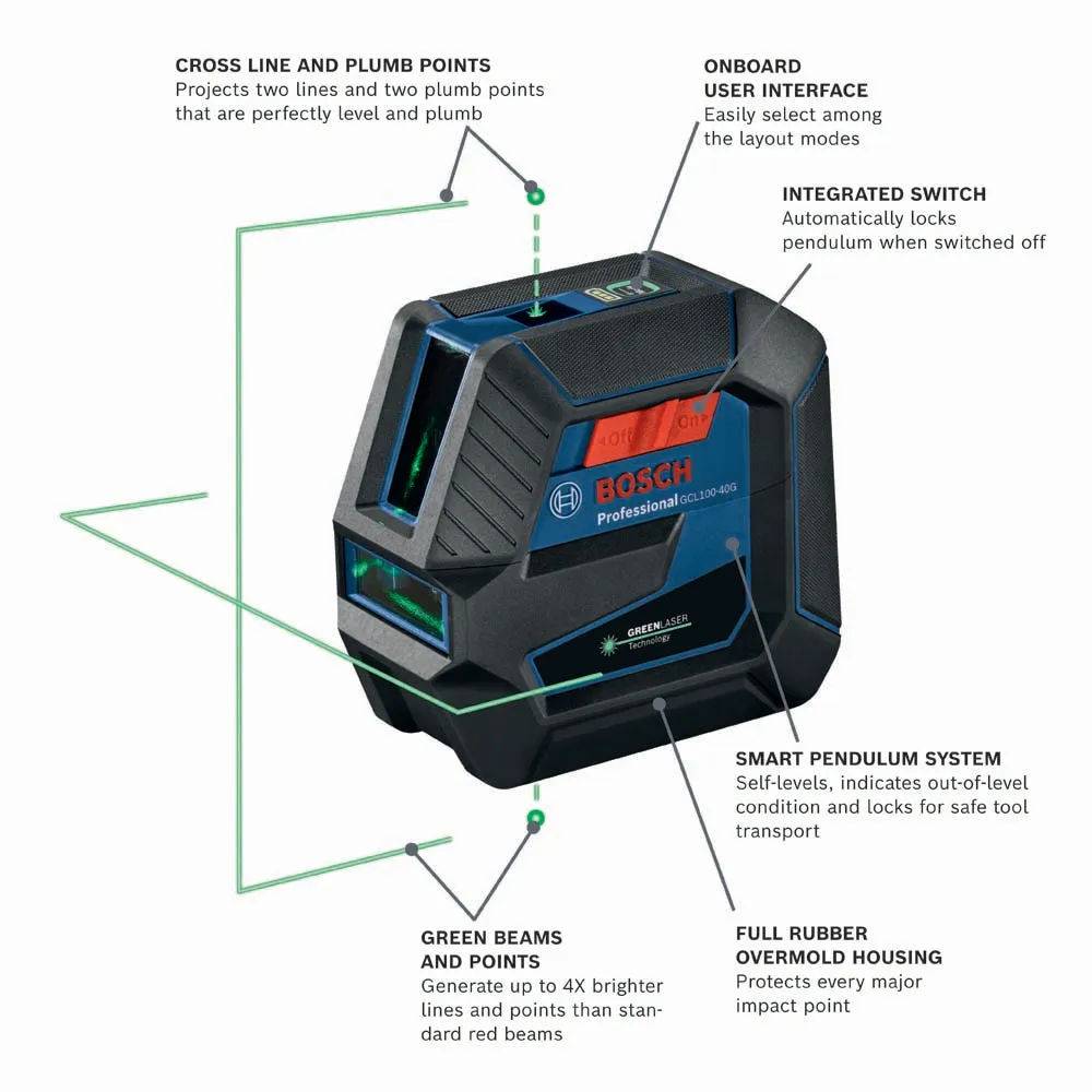 Bosch GCL100-40G Green-Beam Self-Leveling Cross-Line Laser with Plumb Points