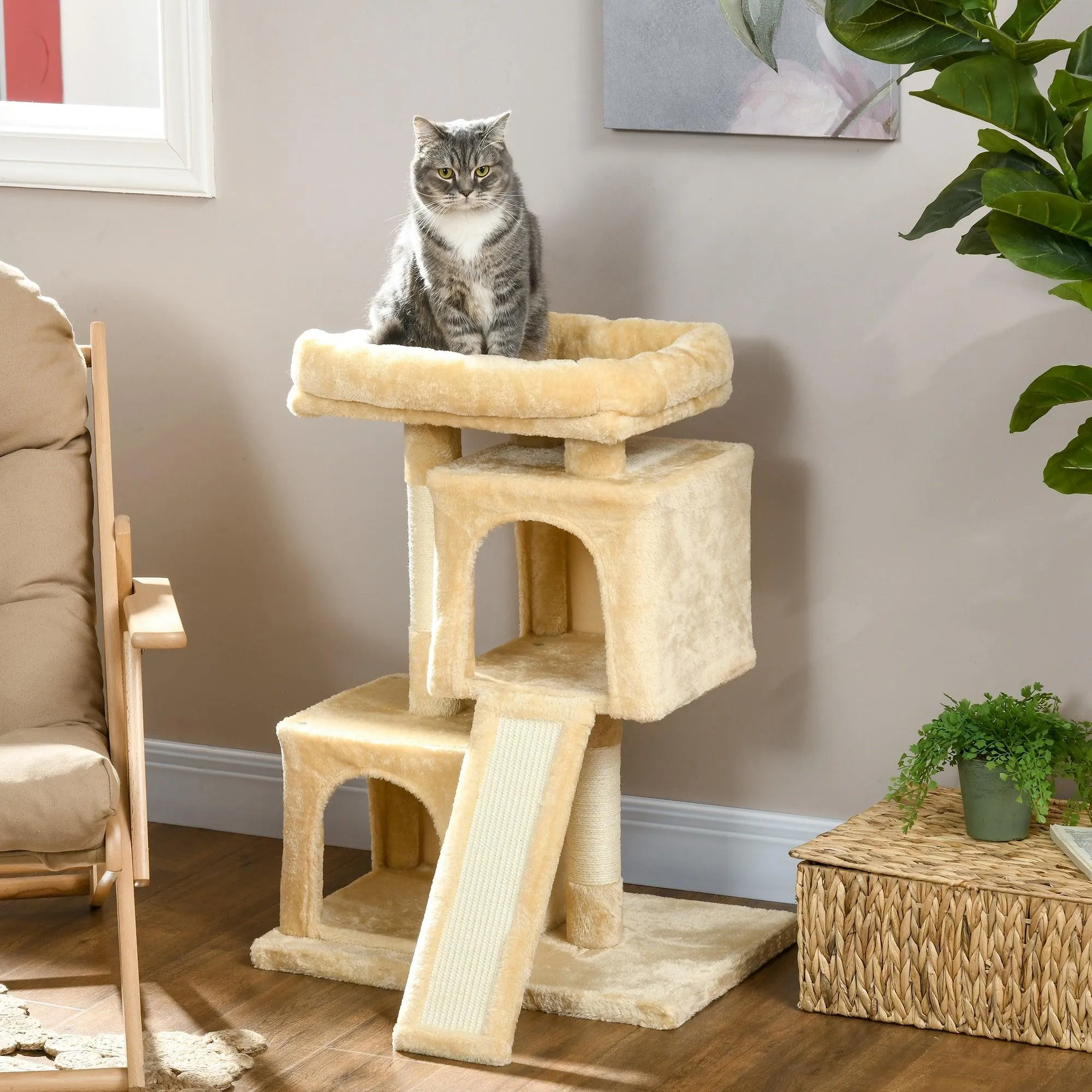 Cat Activity Tree with 2 Houses, 83cm - Cream White
