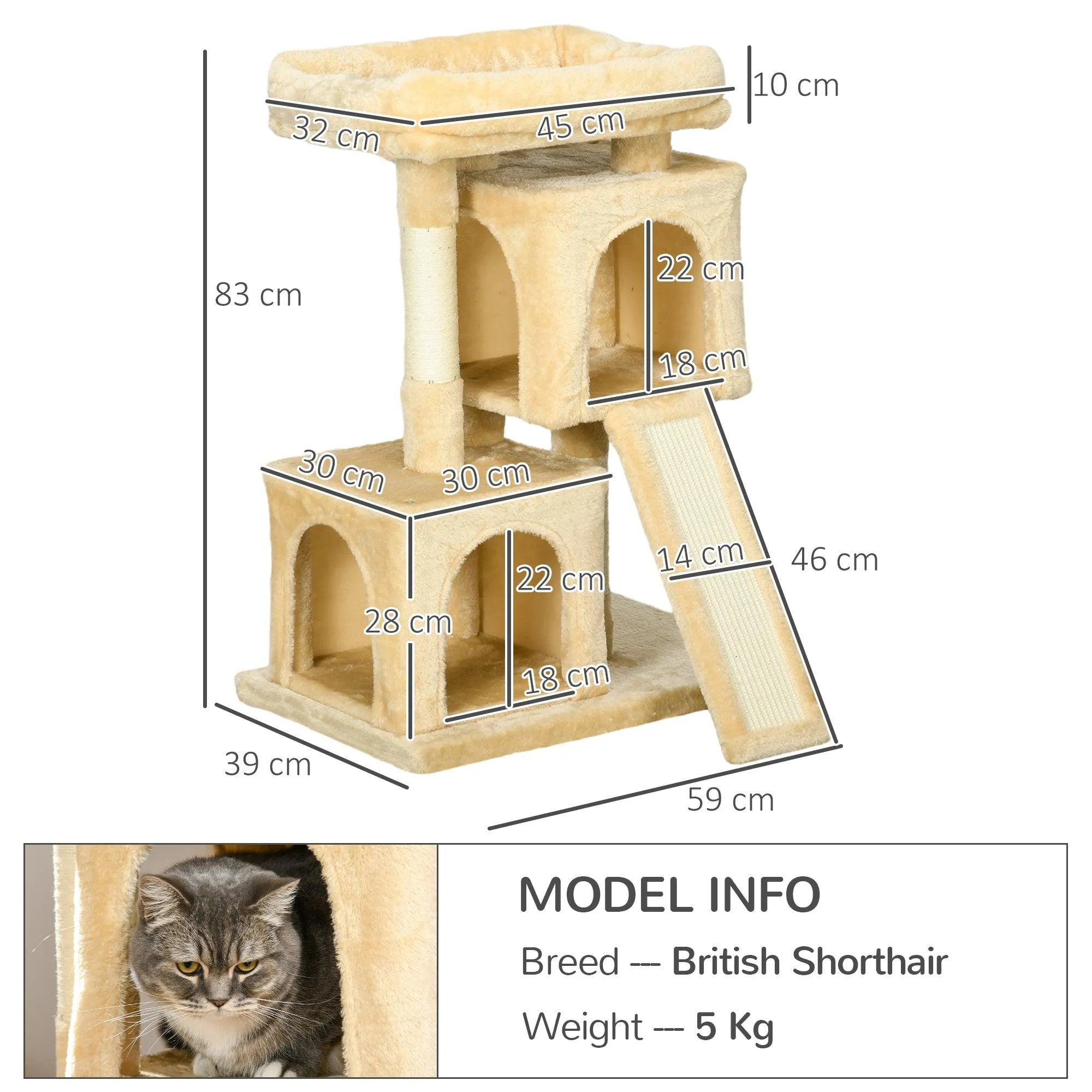 Cat Activity Tree with 2 Houses, 83cm - Cream White