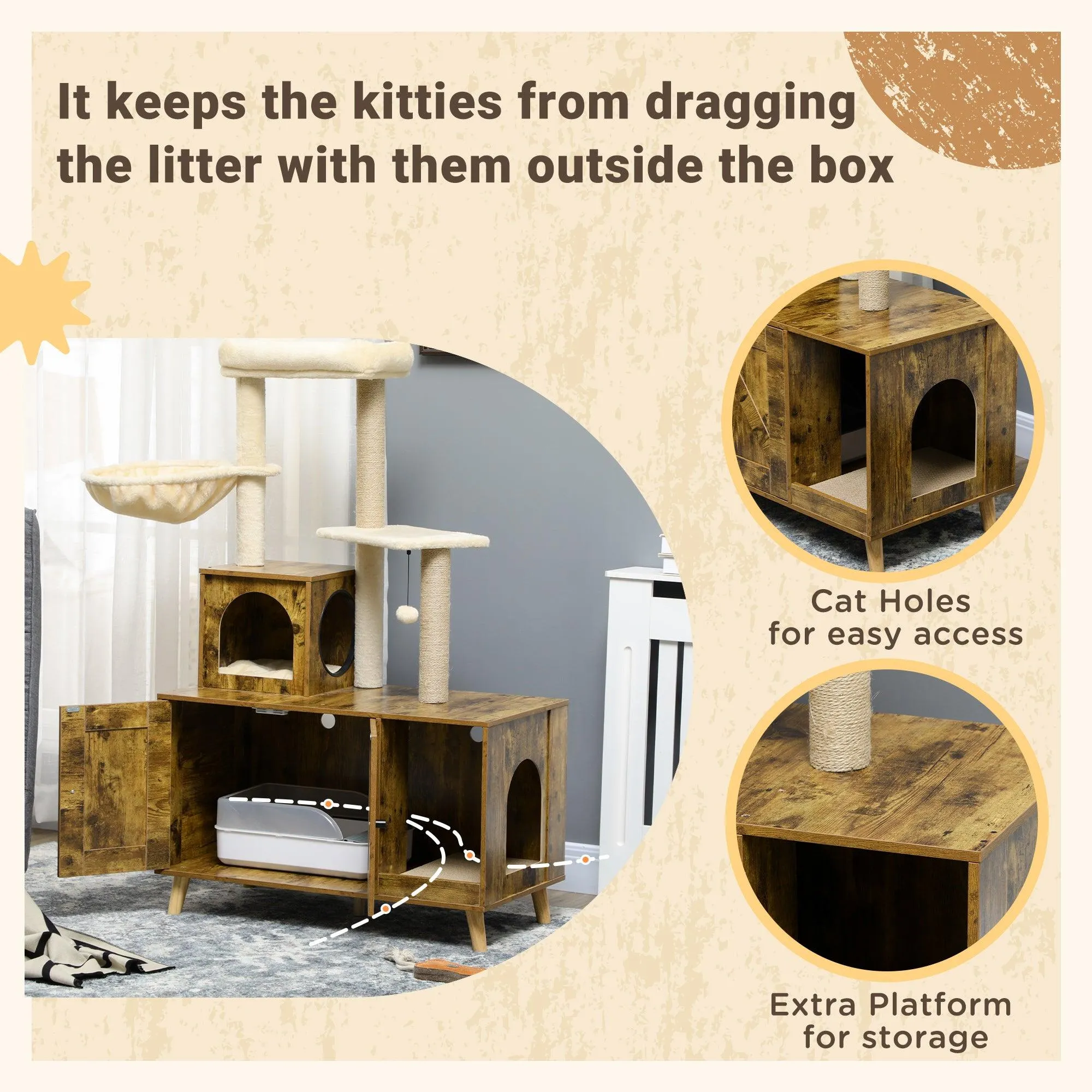 Cat Litter Enclosure w/ Cat Tree, 138cm - Rustic Brown