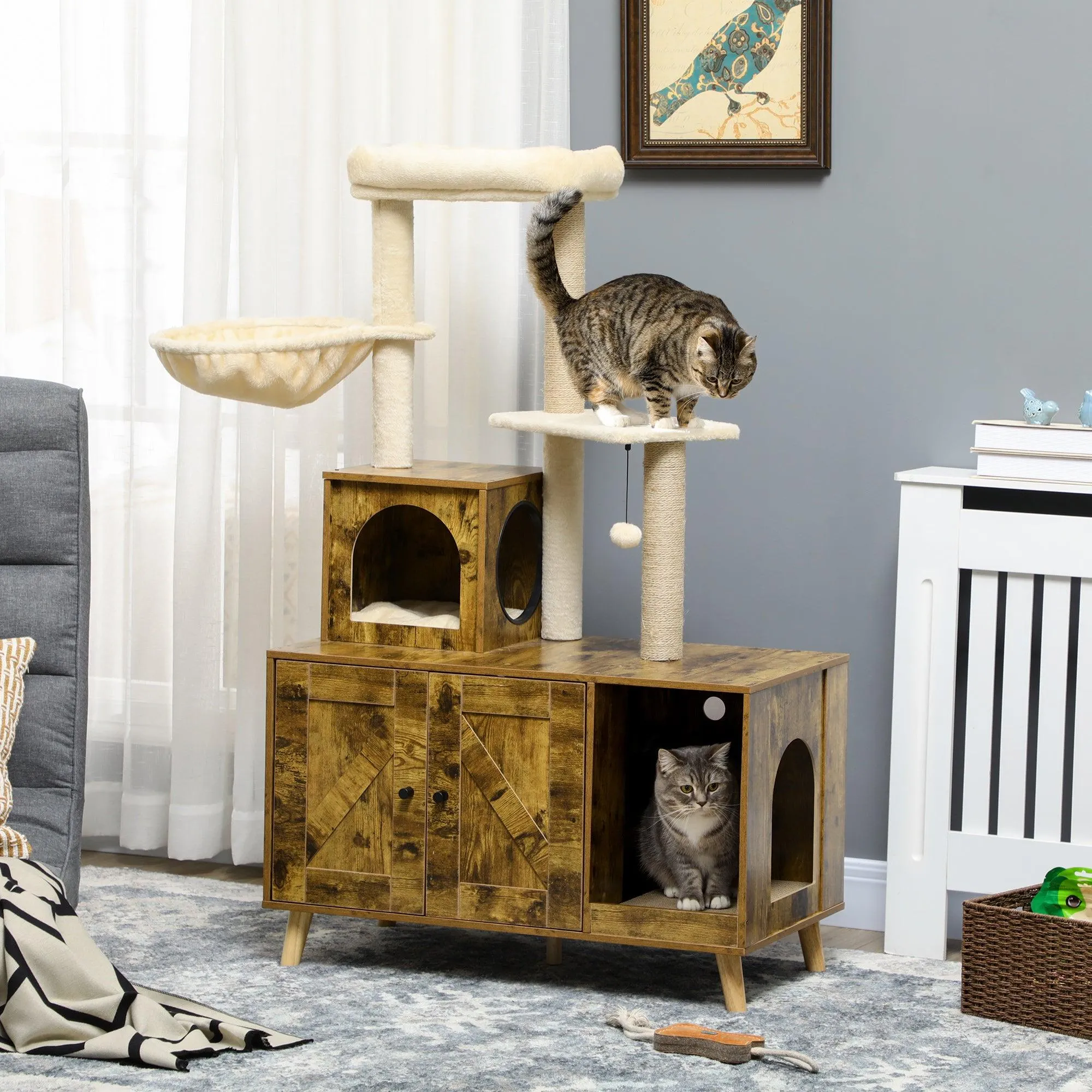 Cat Litter Enclosure w/ Cat Tree, 138cm - Rustic Brown