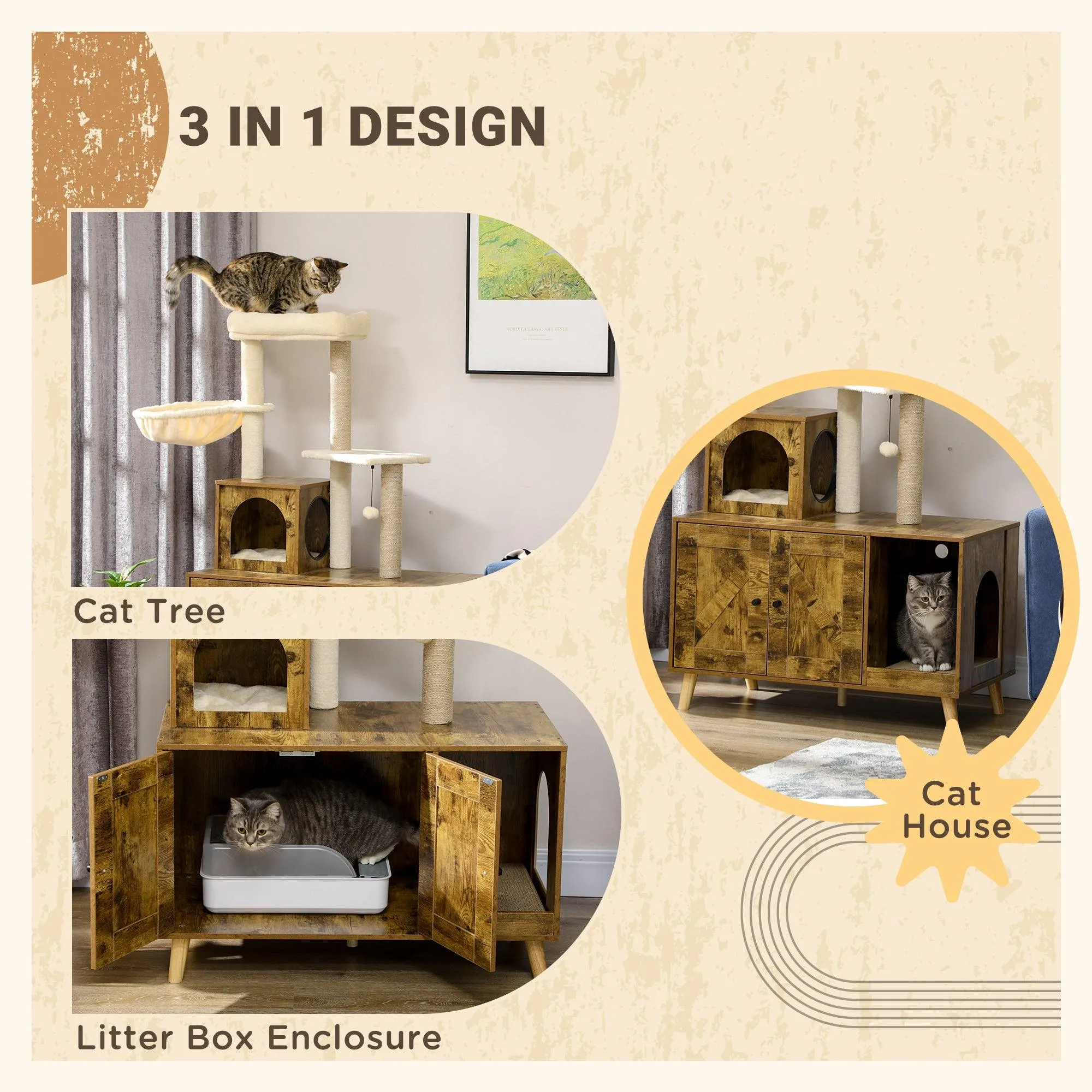 Cat Litter Enclosure w/ Cat Tree, 138cm - Rustic Brown