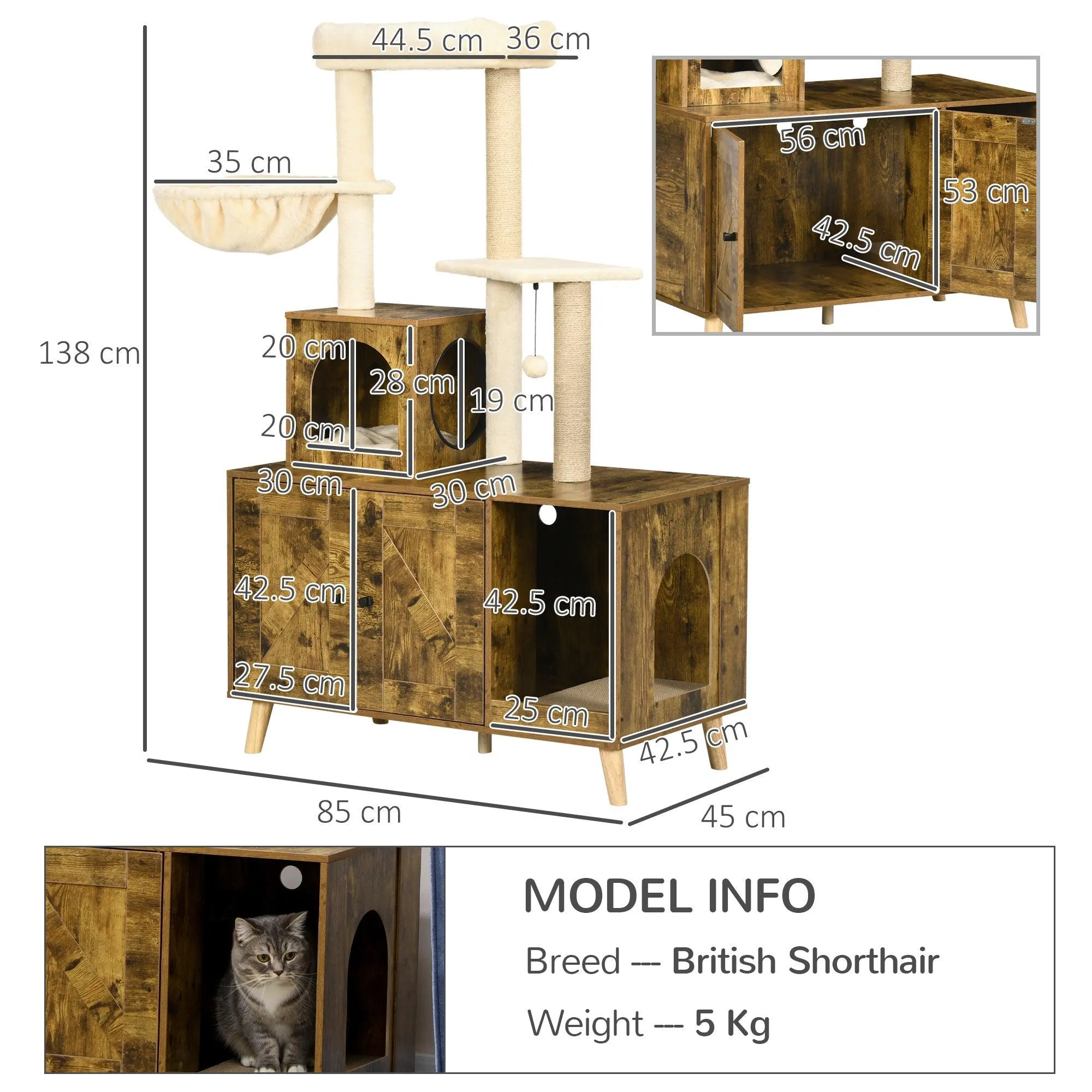 Cat Litter Enclosure w/ Cat Tree, 138cm - Rustic Brown