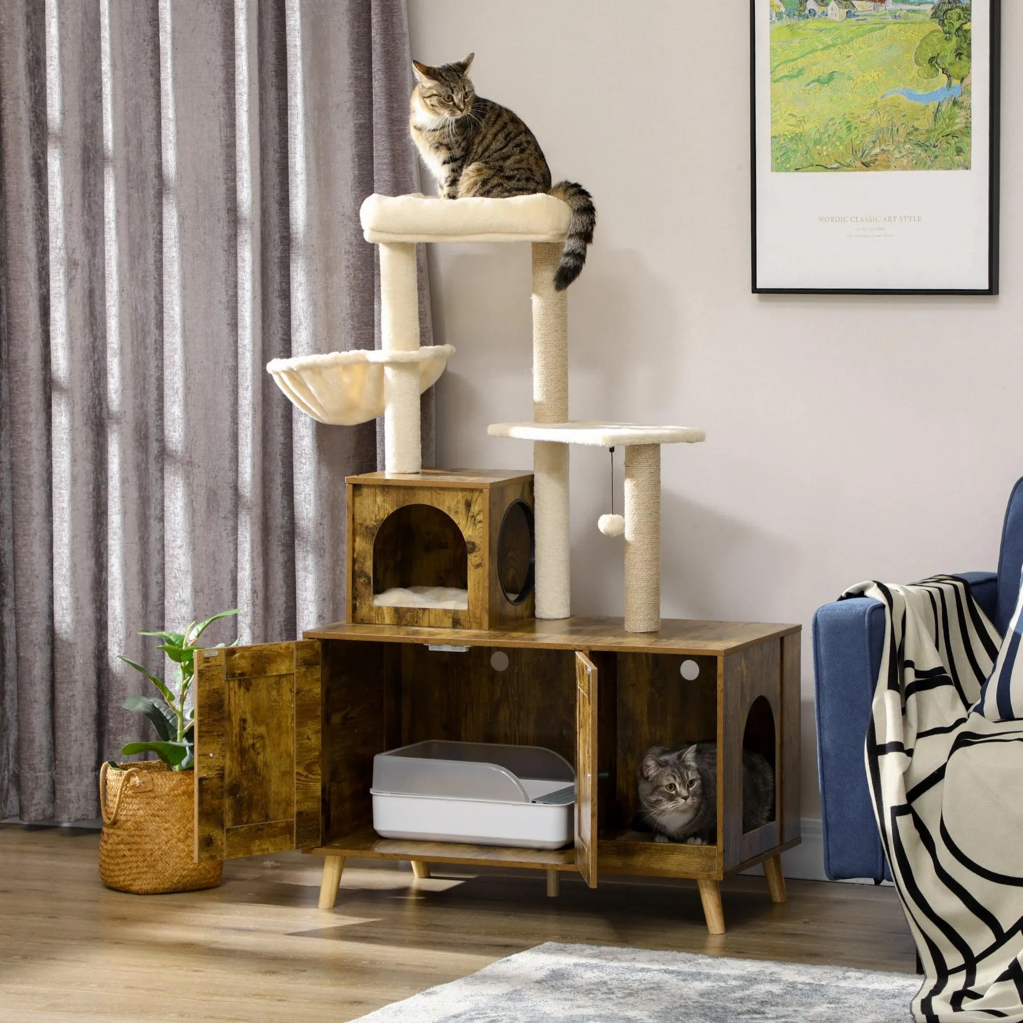 Cat Litter Enclosure w/ Cat Tree, 138cm - Rustic Brown