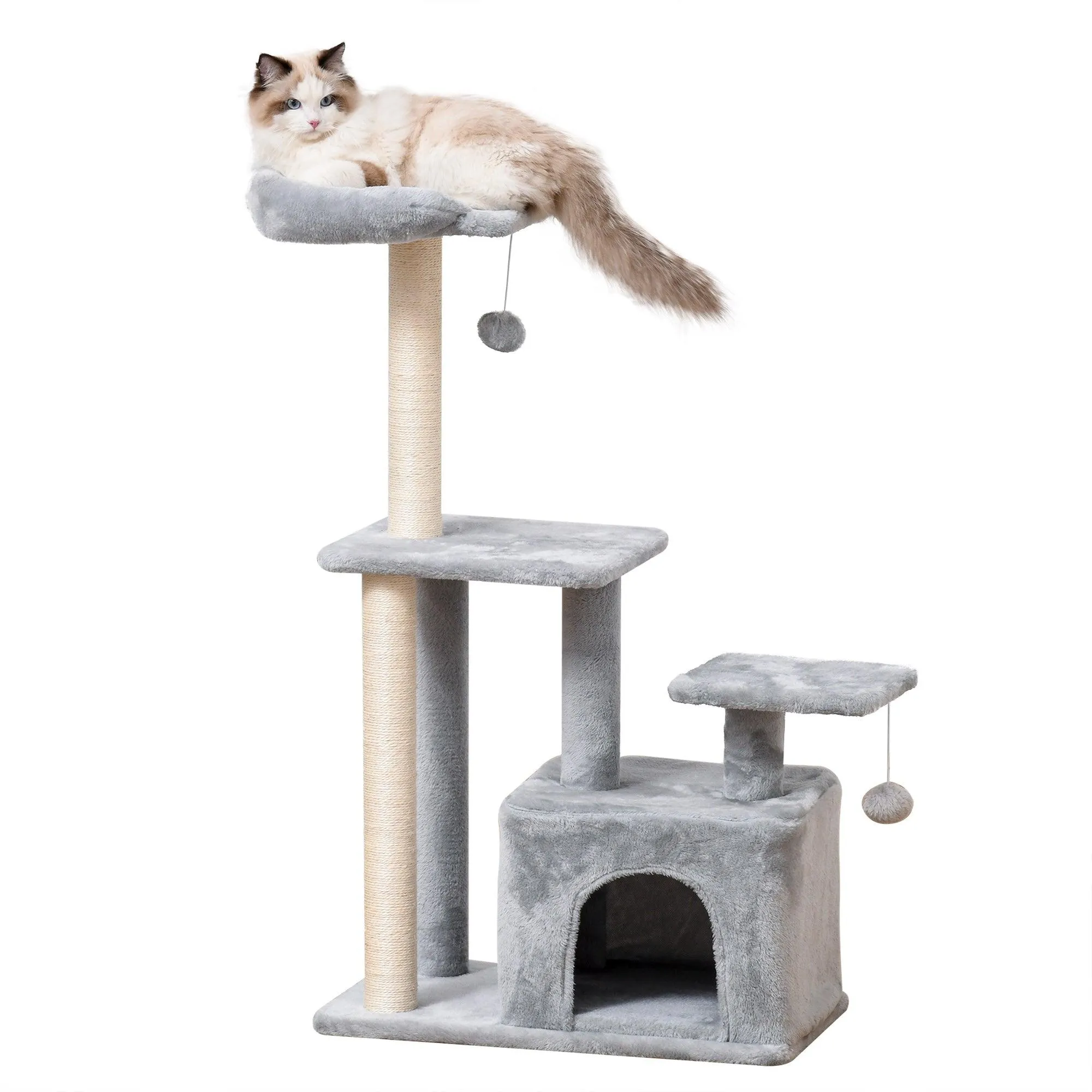 Cat Tower with Perch and Hanging Ball Toy, 114cm - Grey