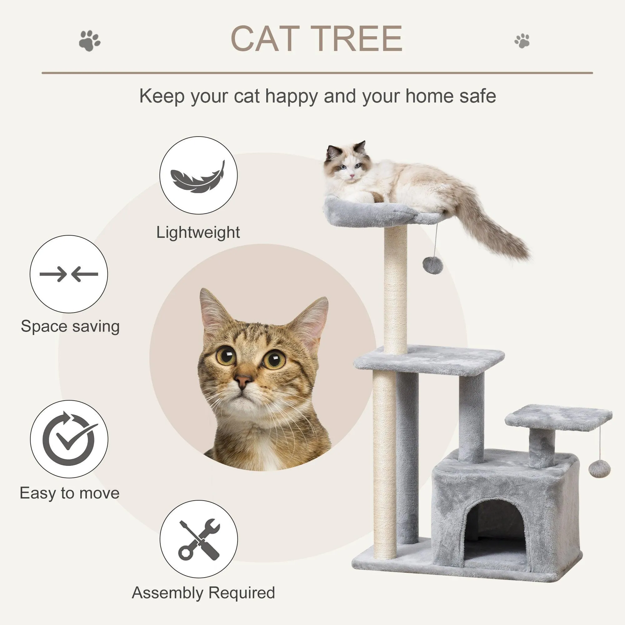 Cat Tower with Perch and Hanging Ball Toy, 114cm - Grey