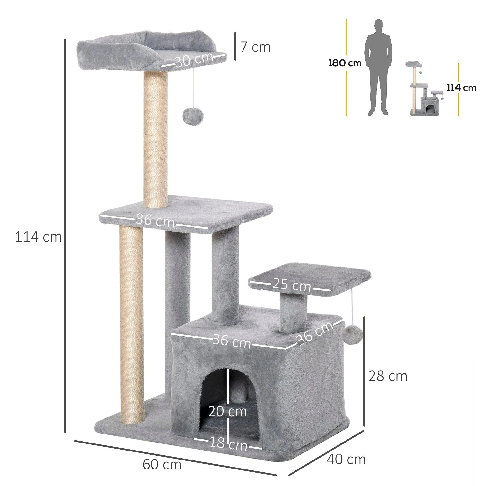 Cat Tower with Perch and Hanging Ball Toy, 114cm - Grey