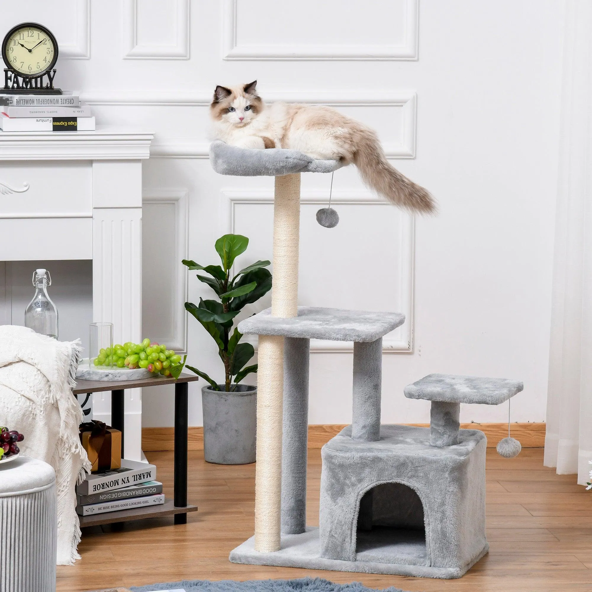 Cat Tower with Perch and Hanging Ball Toy, 114cm - Grey