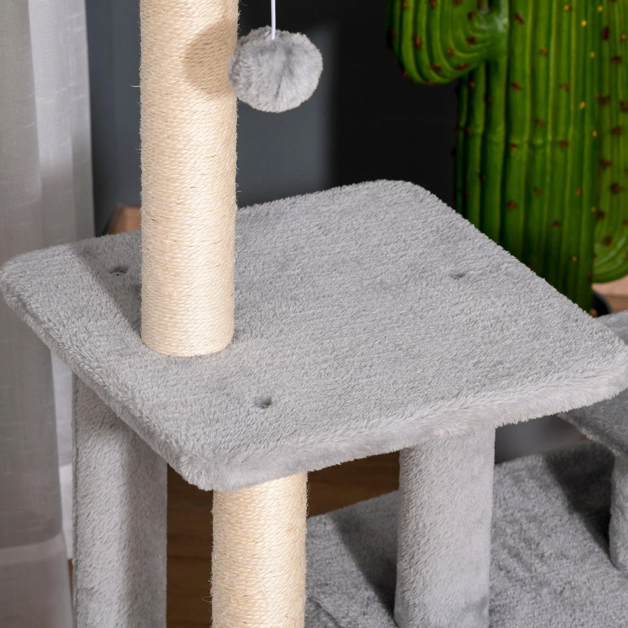 Cat Tower with Perch and Hanging Ball Toy, 114cm - Grey