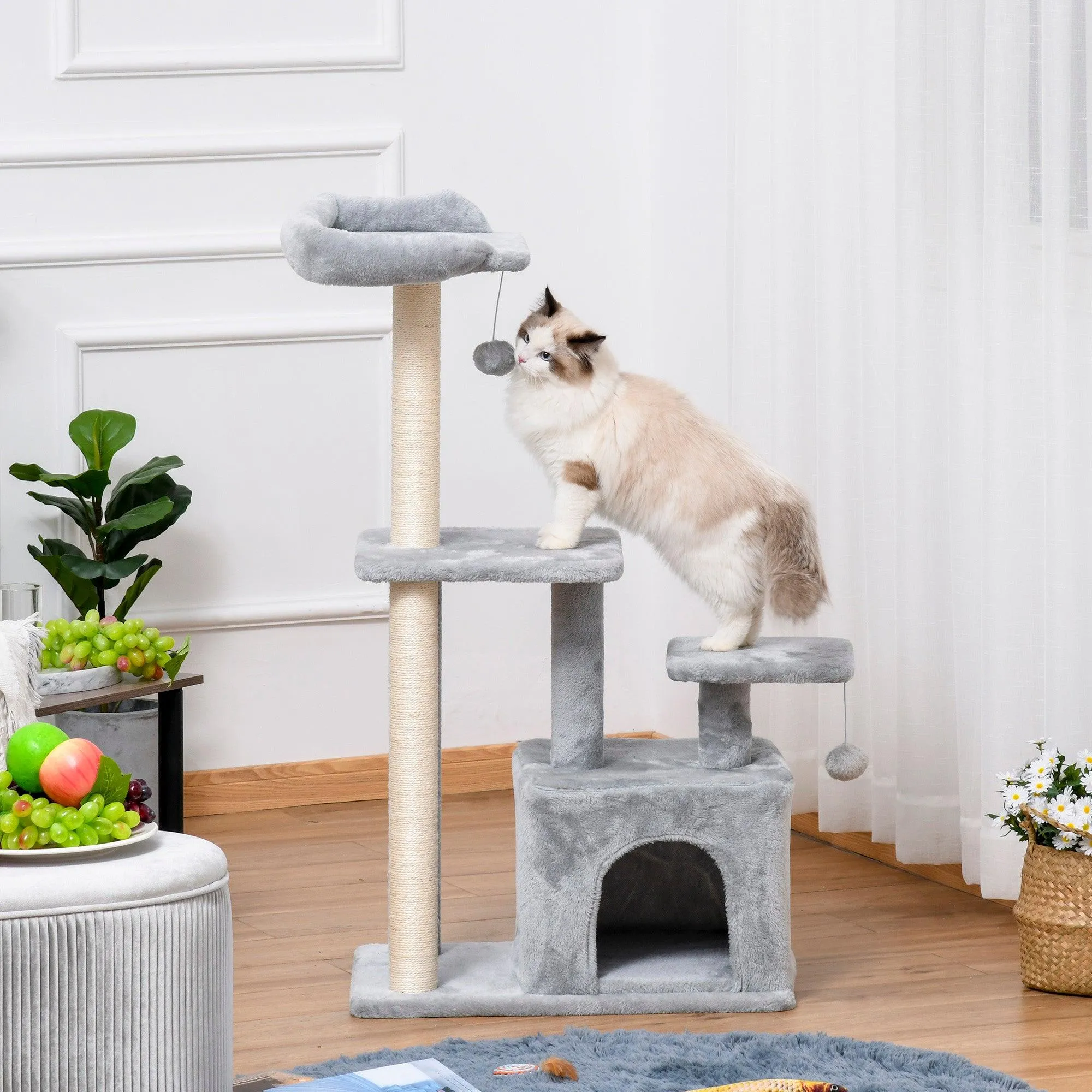 Cat Tower with Perch and Hanging Ball Toy, 114cm - Grey