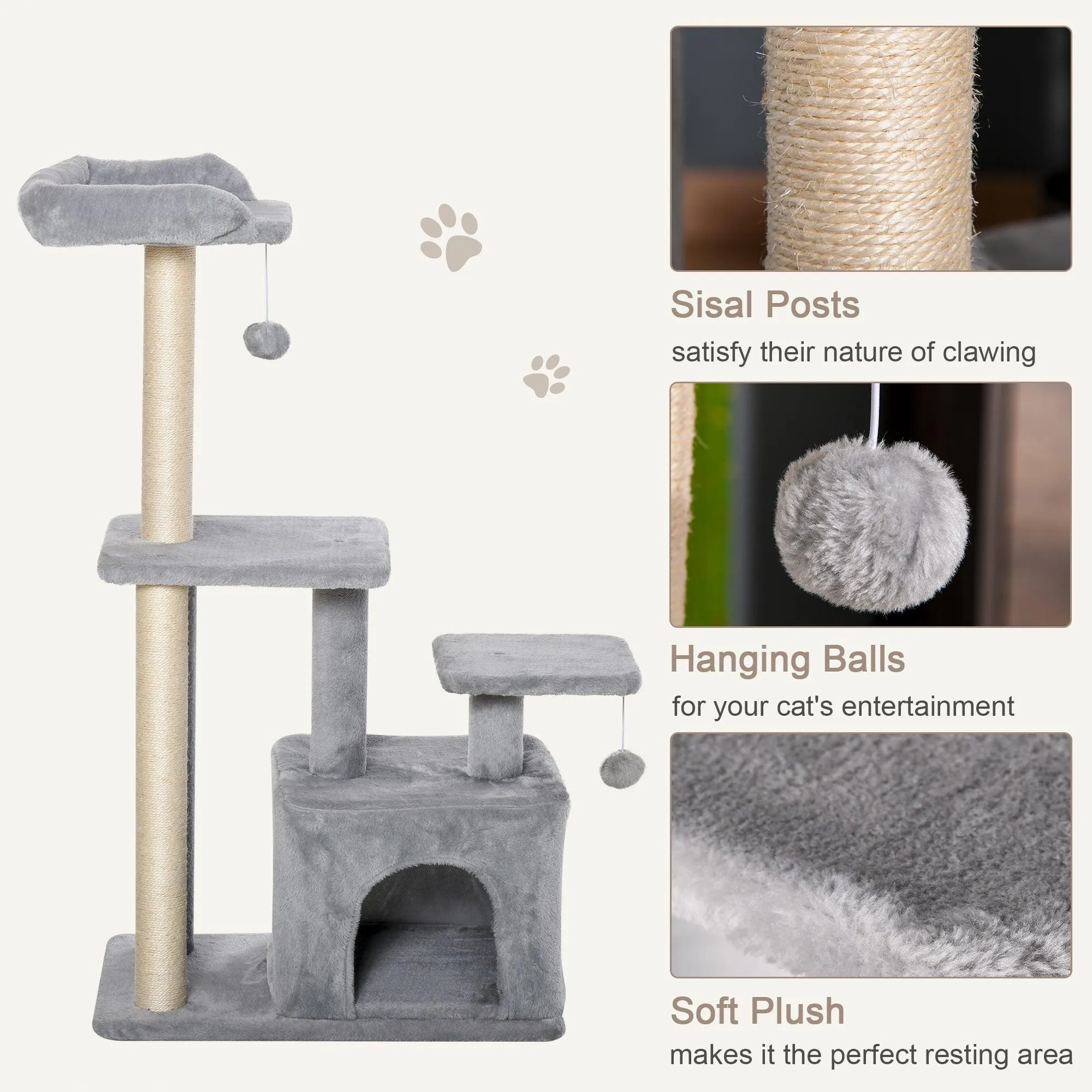 Cat Tower with Perch and Hanging Ball Toy, 114cm - Grey