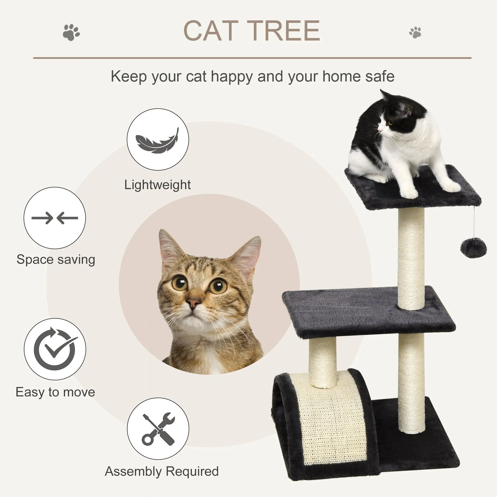 Cat Tower with Scratching Post Pad and Hanging Ball, 72cm - Black