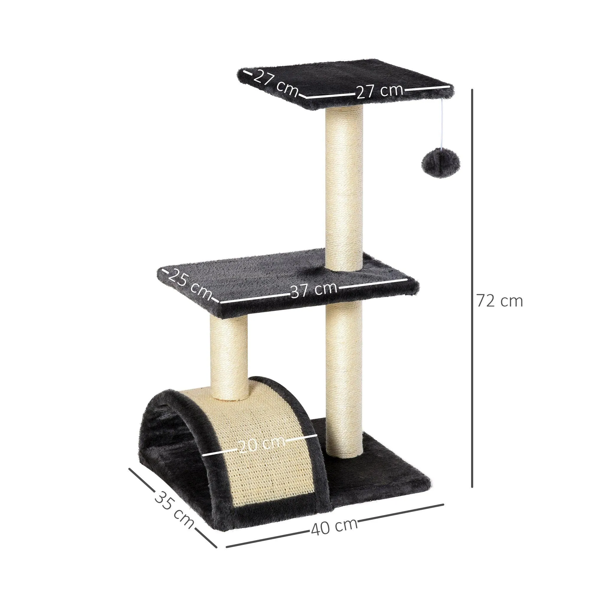 Cat Tower with Scratching Post Pad and Hanging Ball, 72cm - Black