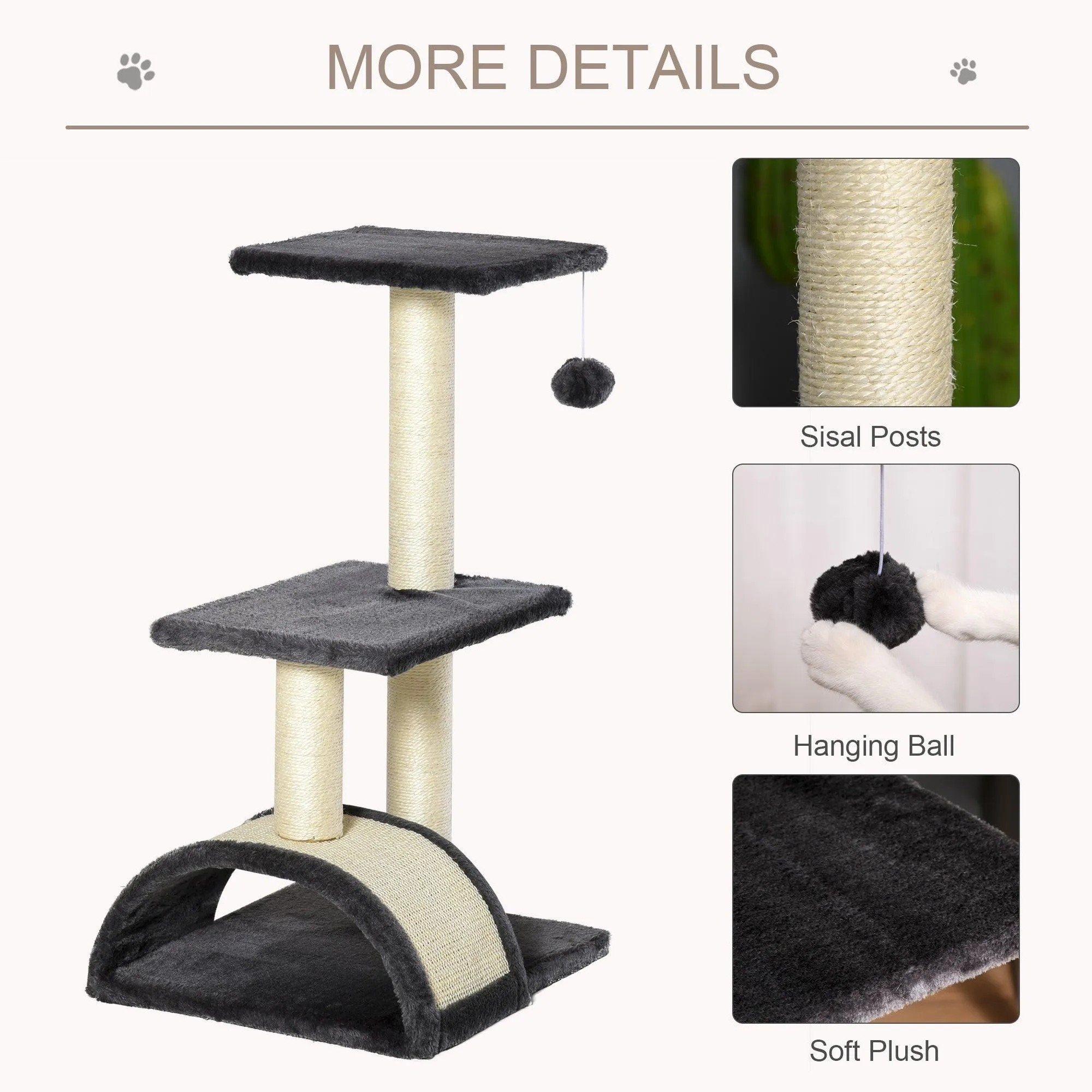 Cat Tower with Scratching Post Pad and Hanging Ball, 72cm - Black