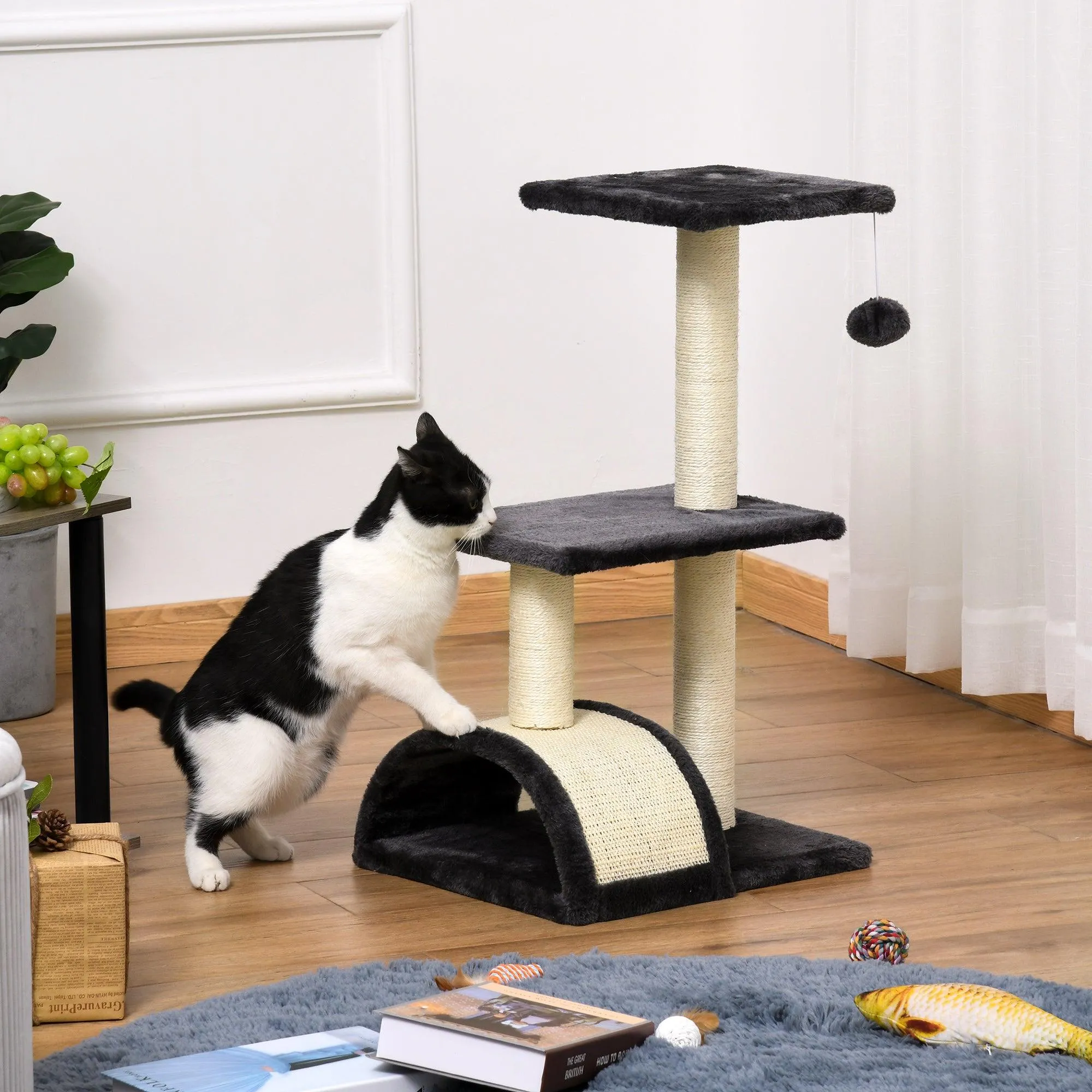 Cat Tower with Scratching Post Pad and Hanging Ball, 72cm - Black