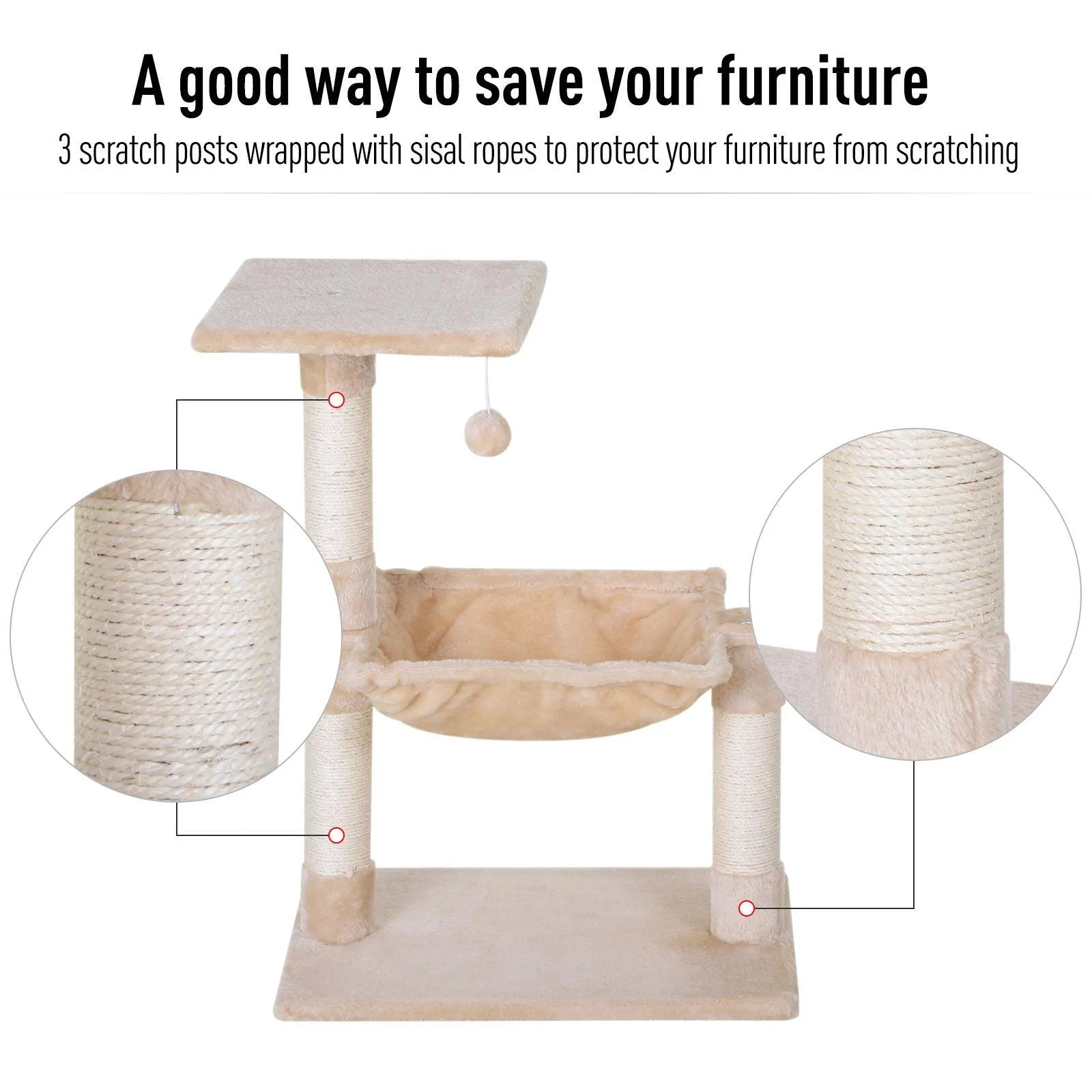 Cat Tree Hammock Bed w/ Scratching Post, 70cm - Beige