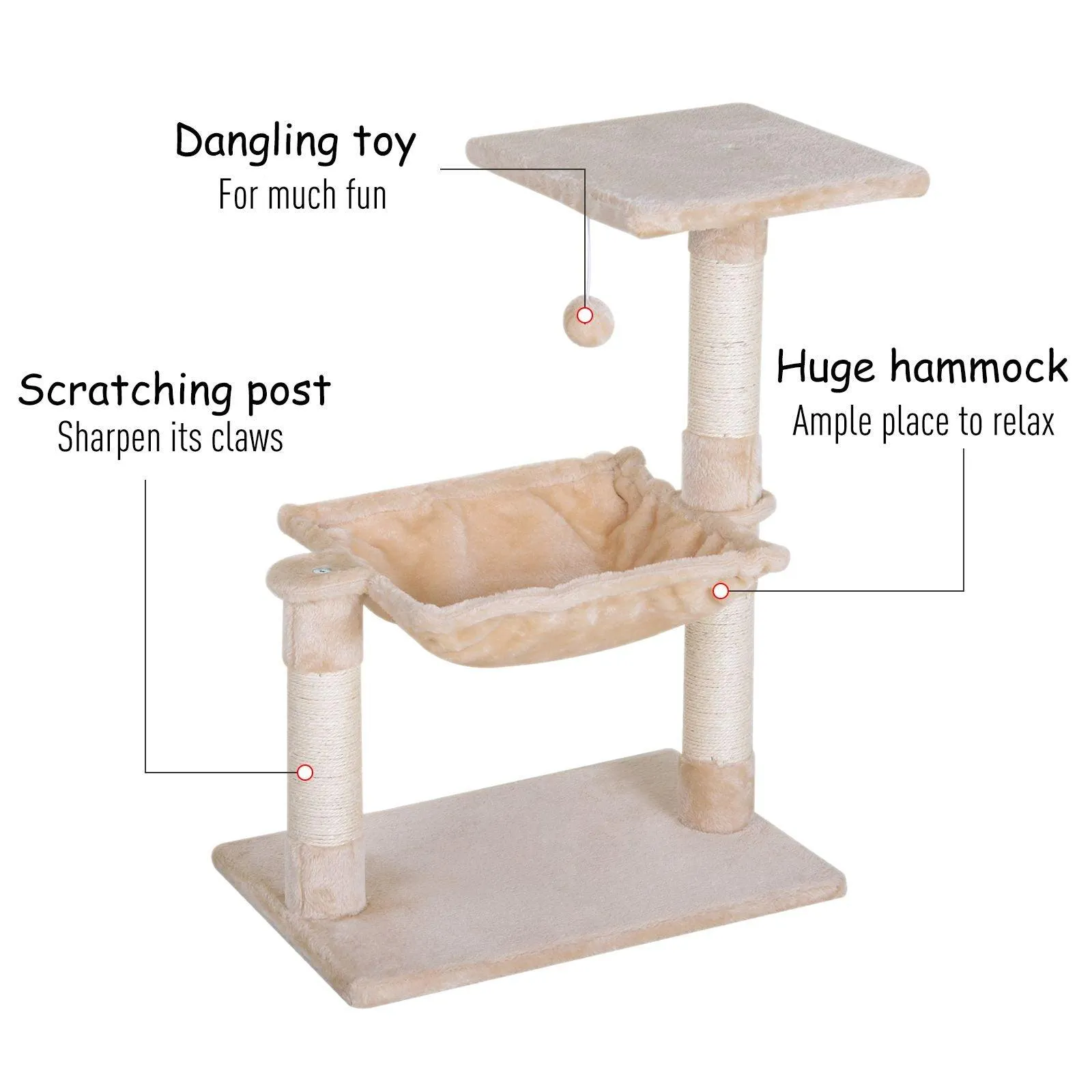 Cat Tree Hammock Bed w/ Scratching Post, 70cm - Beige