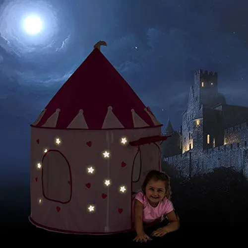 FoxPrint Princess Castle Play Tent with Glow in The Dark Stars, Conveniently Folds in to A Carrying Case, Your Kids Will Enjoy This Foldable Pop Up Pink Play Tent/House Toy for Indoor & Outdoor Use