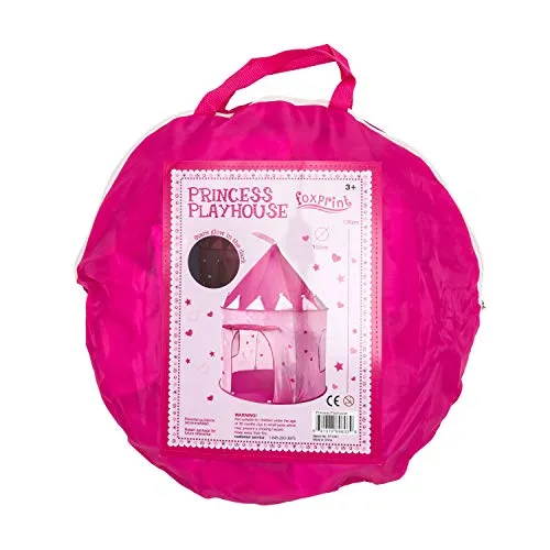 FoxPrint Princess Castle Play Tent with Glow in The Dark Stars, Conveniently Folds in to A Carrying Case, Your Kids Will Enjoy This Foldable Pop Up Pink Play Tent/House Toy for Indoor & Outdoor Use