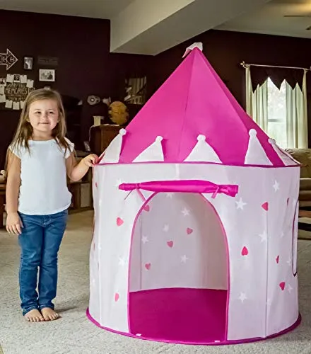 FoxPrint Princess Castle Play Tent with Glow in The Dark Stars, Conveniently Folds in to A Carrying Case, Your Kids Will Enjoy This Foldable Pop Up Pink Play Tent/House Toy for Indoor & Outdoor Use