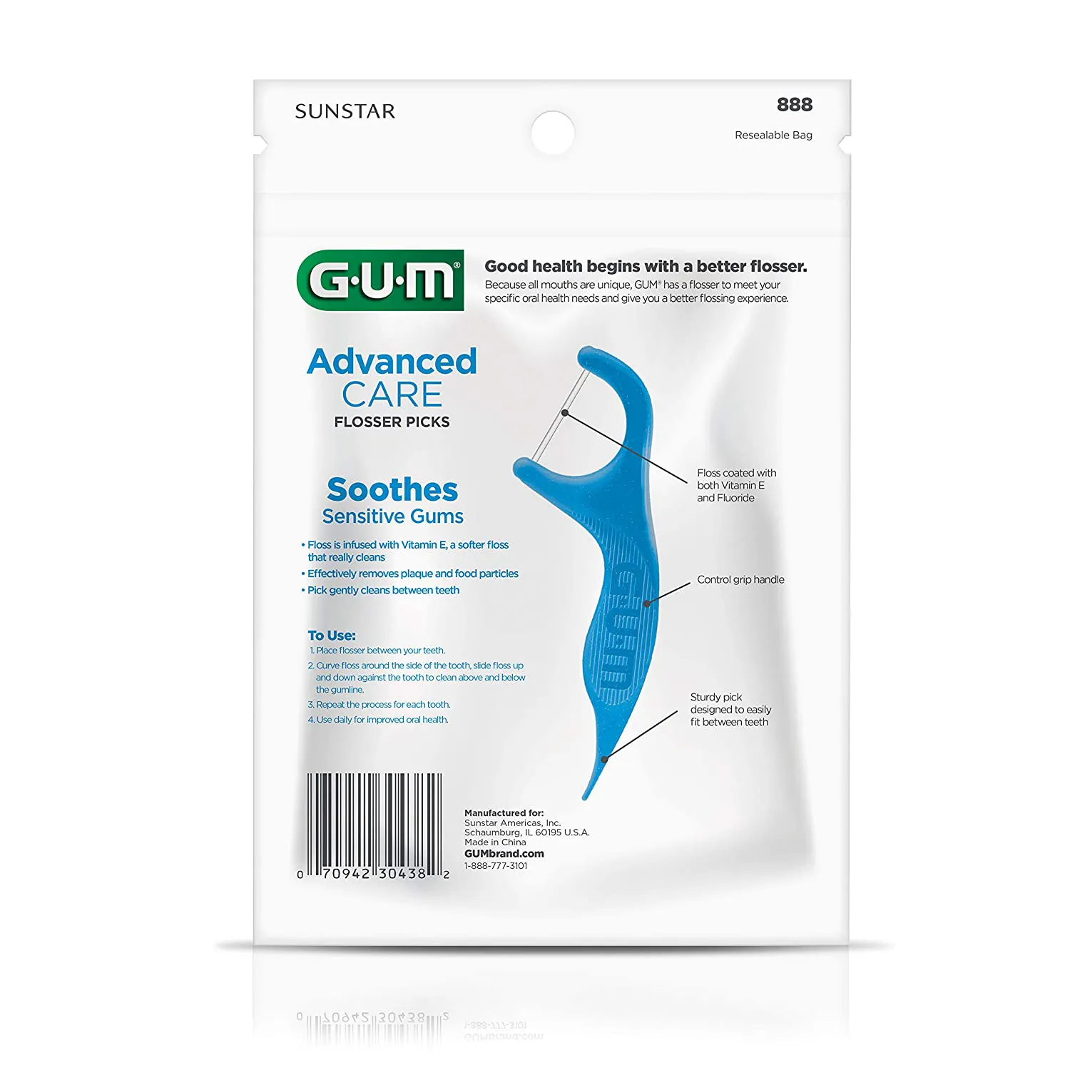 GUM - 888DF Advanced Care Flossers, Fresh Mint Dental String Floss Picks, Vitamin E & Fluoride, 90 Count