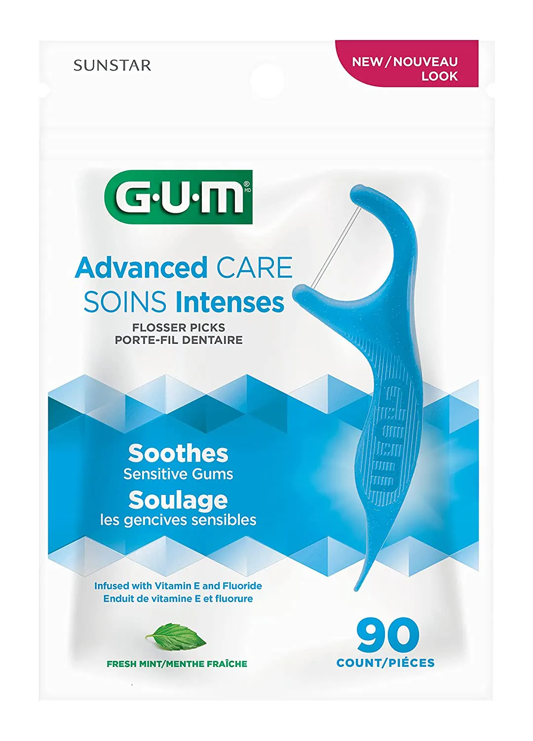 GUM - 888DF Advanced Care Flossers, Fresh Mint Dental String Floss Picks, Vitamin E & Fluoride, 90 Count