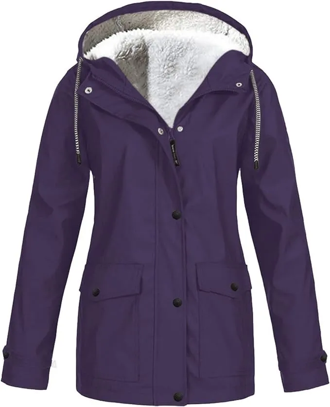 NEW Drepurja Coats for Women Winter Warm Long Sleeve Fuzzy Fleece Jackets Zip Up Hoodies Sherpa Lined Thermal Jacket, Purple, Fits XL/XXL
