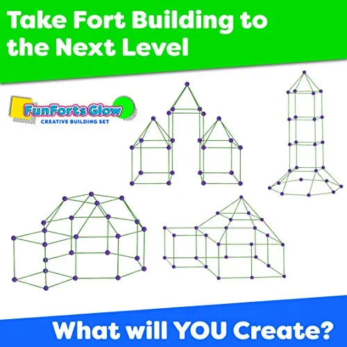 POWER YOUR FUN Fun Forts Glow Fort Building Kit for Kids - 81 Pack Glow in the Dark STEM Building Toys Indoor Outdoor Play Tent for Kids Construction Toys with 53 Rods and 28 Spheres