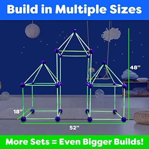 POWER YOUR FUN Fun Forts Glow Fort Building Kit for Kids - 81 Pack Glow in the Dark STEM Building Toys Indoor Outdoor Play Tent for Kids Construction Toys with 53 Rods and 28 Spheres