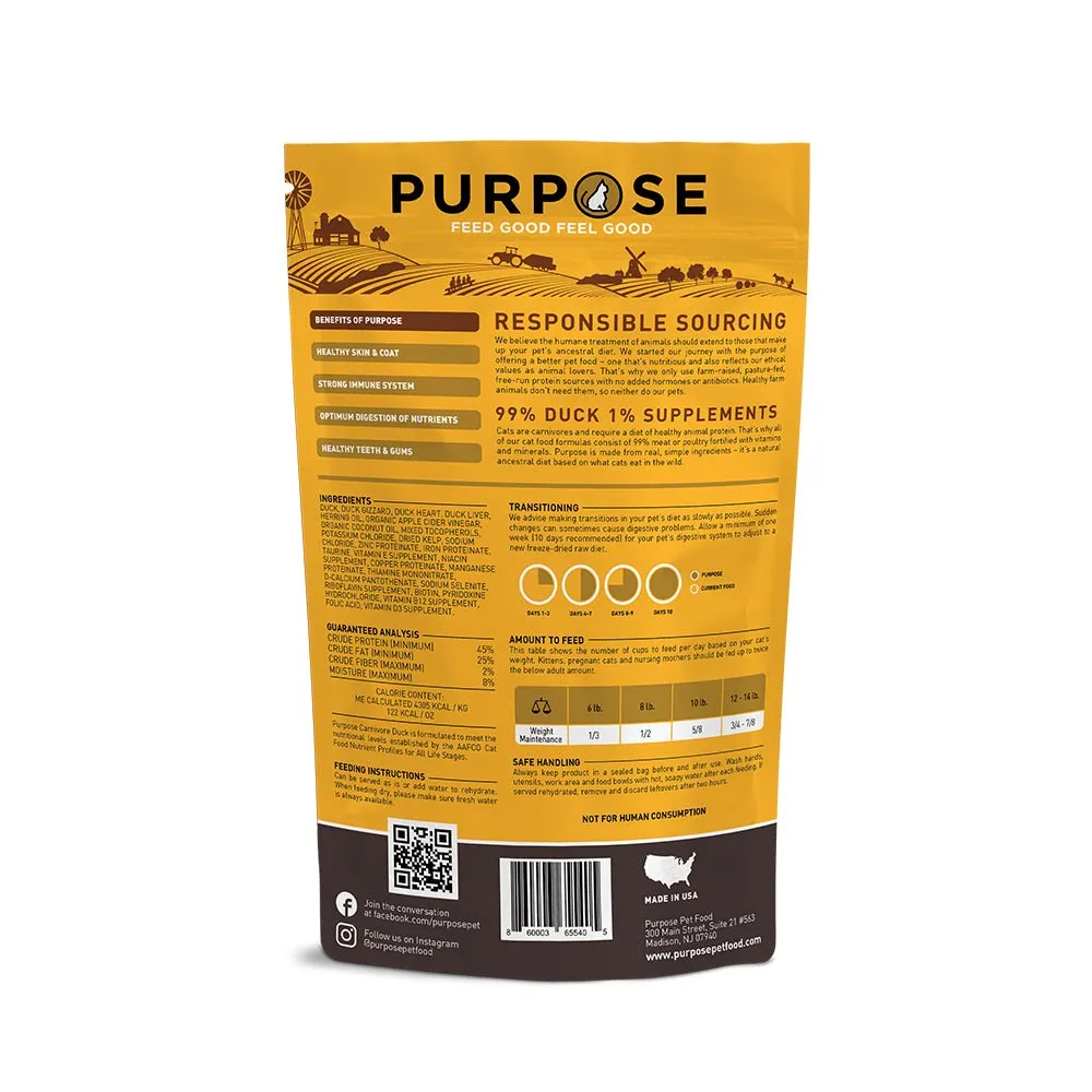 PURPOSE Freeze Dried Raw Cat Food - Carnivore Duck Freeze 9 oz.