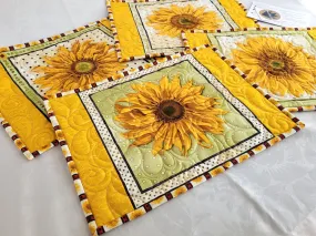 Quilted Sunflower Placemats | Breakfast & Lunch Size Table Mats | Reversible Set of 4