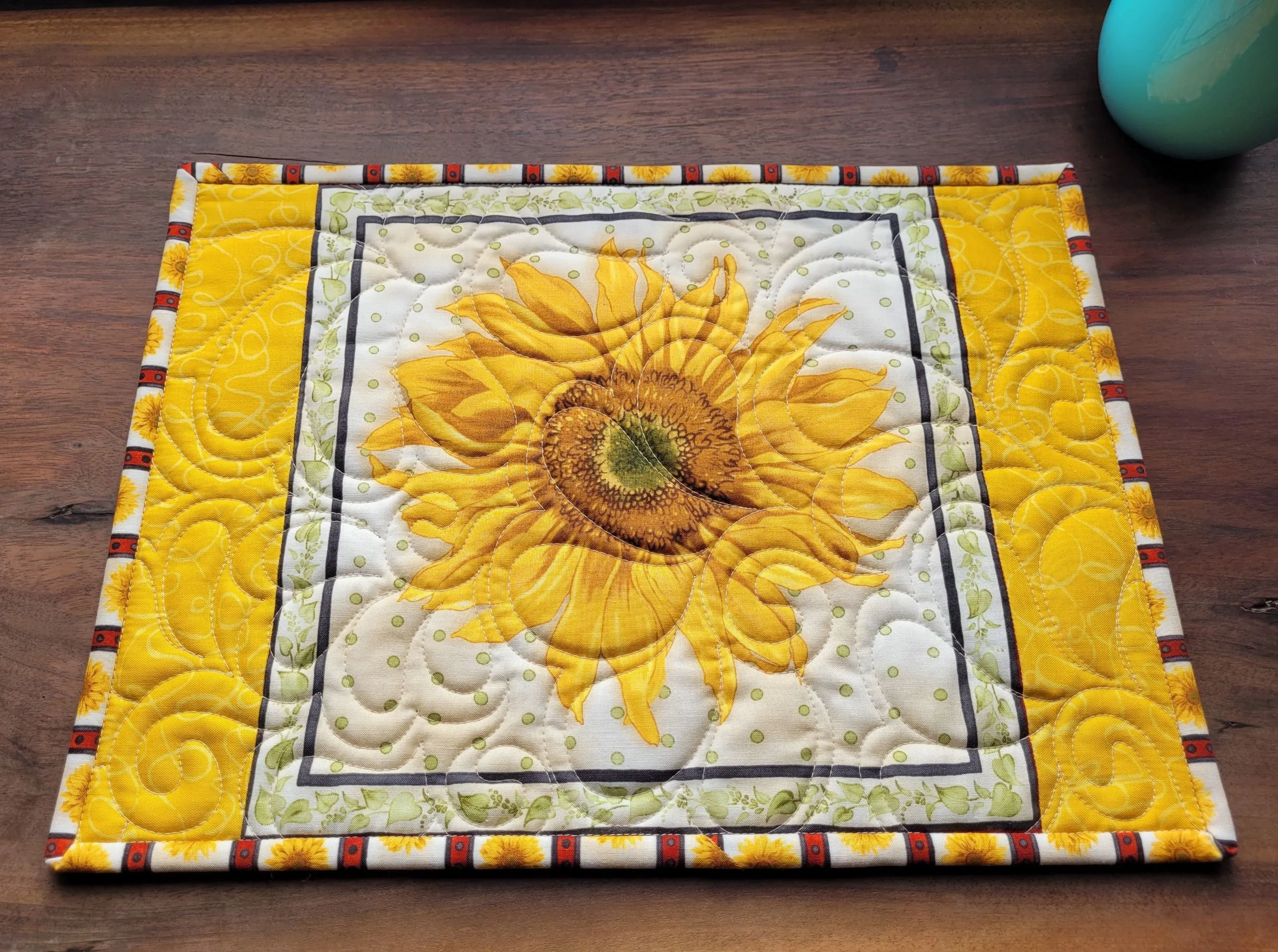 Quilted Sunflower Placemats | Breakfast & Lunch Size Table Mats | Reversible Set of 4