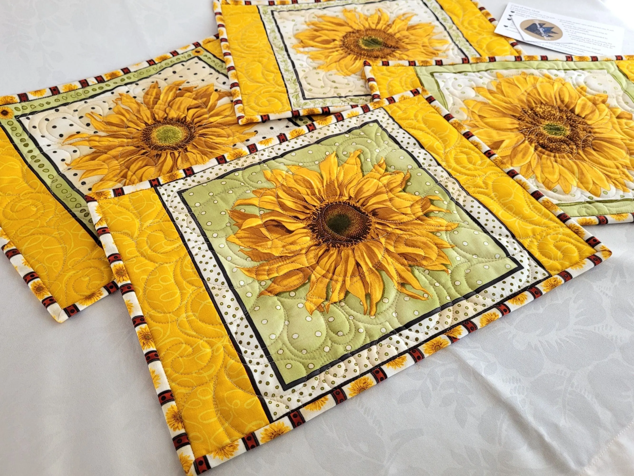 Quilted Sunflower Placemats | Breakfast & Lunch Size Table Mats | Reversible Set of 4