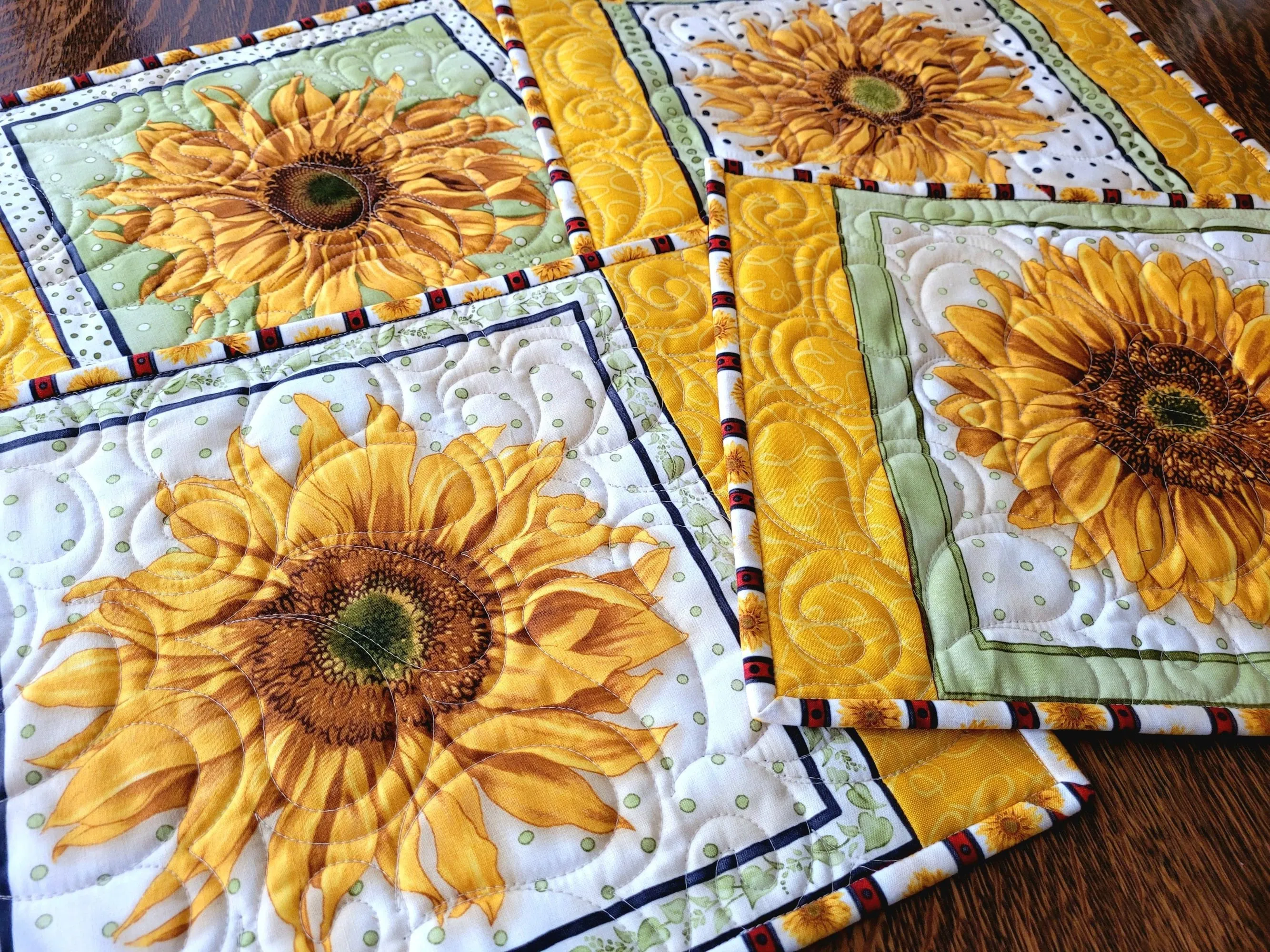 Quilted Sunflower Placemats | Breakfast & Lunch Size Table Mats | Reversible Set of 4
